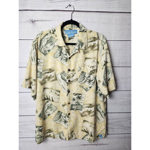 Bermuda Bay‎ Mens Hawaiian Shirt Yellow Floral Short Sleeve 100% Silk Pocket M